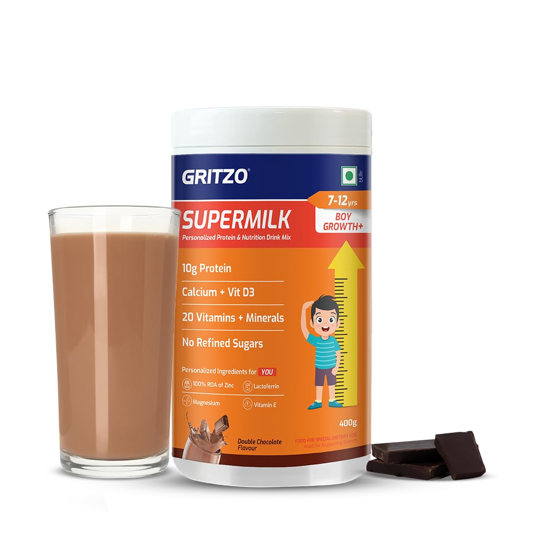 Gritzo SuperMilk Growth+ (Formerly Height+) (7-12y Boys), 10g Protein Powder (Double Chocolate, 400g) | Zero Refined Sugar, 20 Vitamins & Minerals