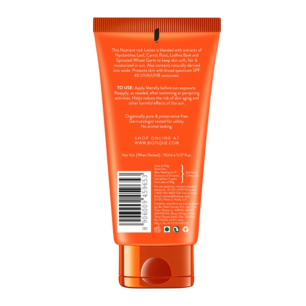 Biotique Bio Carrot Face & Body Sun Lotion | SPF 40 UVA/UVB Sunscreen | Prevents Ageing and Soothes Dry Skin| 100% Botanical Extracts | Suitable for All Skin Types | 150ml