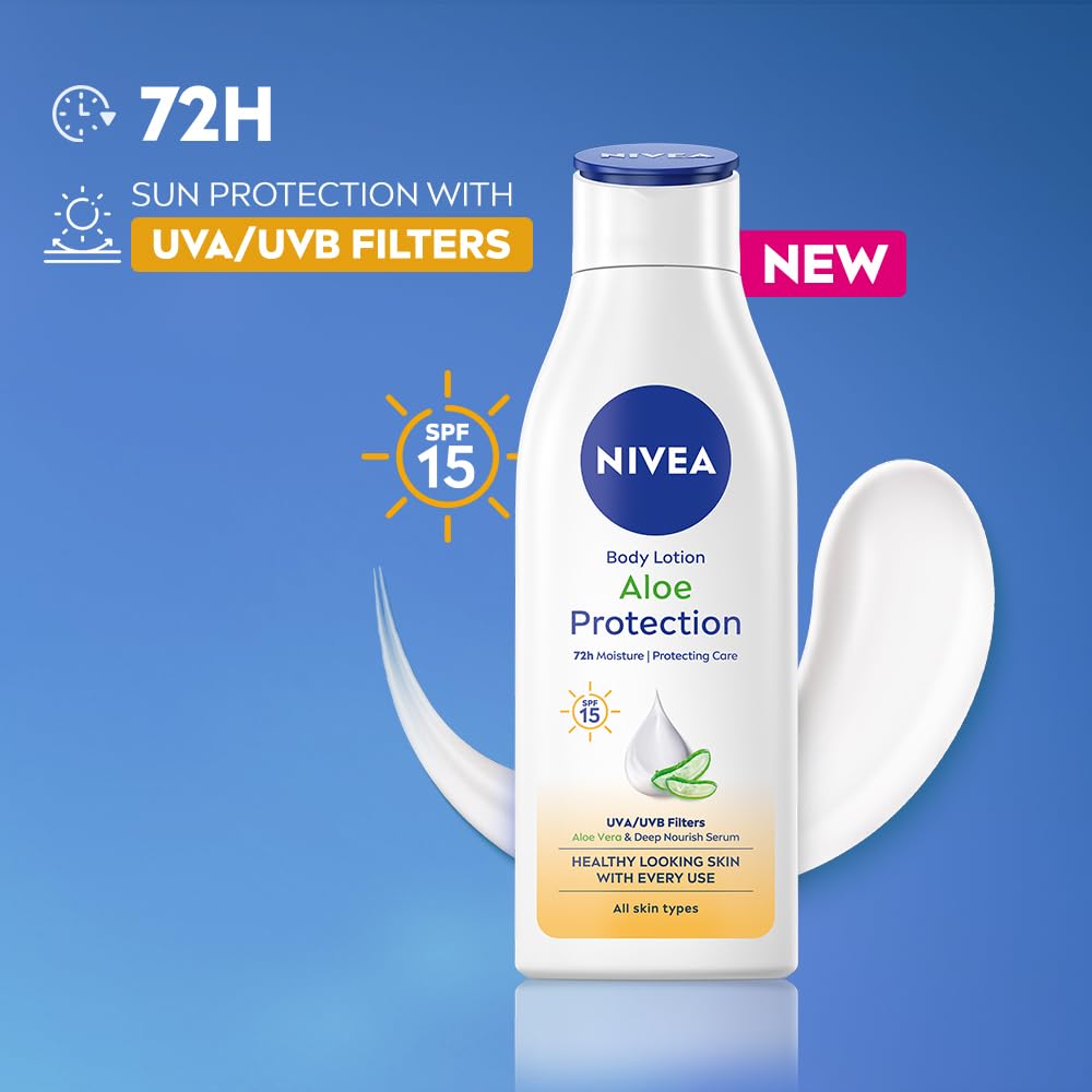 NIVEA Aloe Protection Body Lotion 200 ml | With Hyaluronic Acid & 72Hr Hydration | SPF 15 | Aloe Vera Extracts | Deep Moisture Serum | For Men & Women | All Skin Types