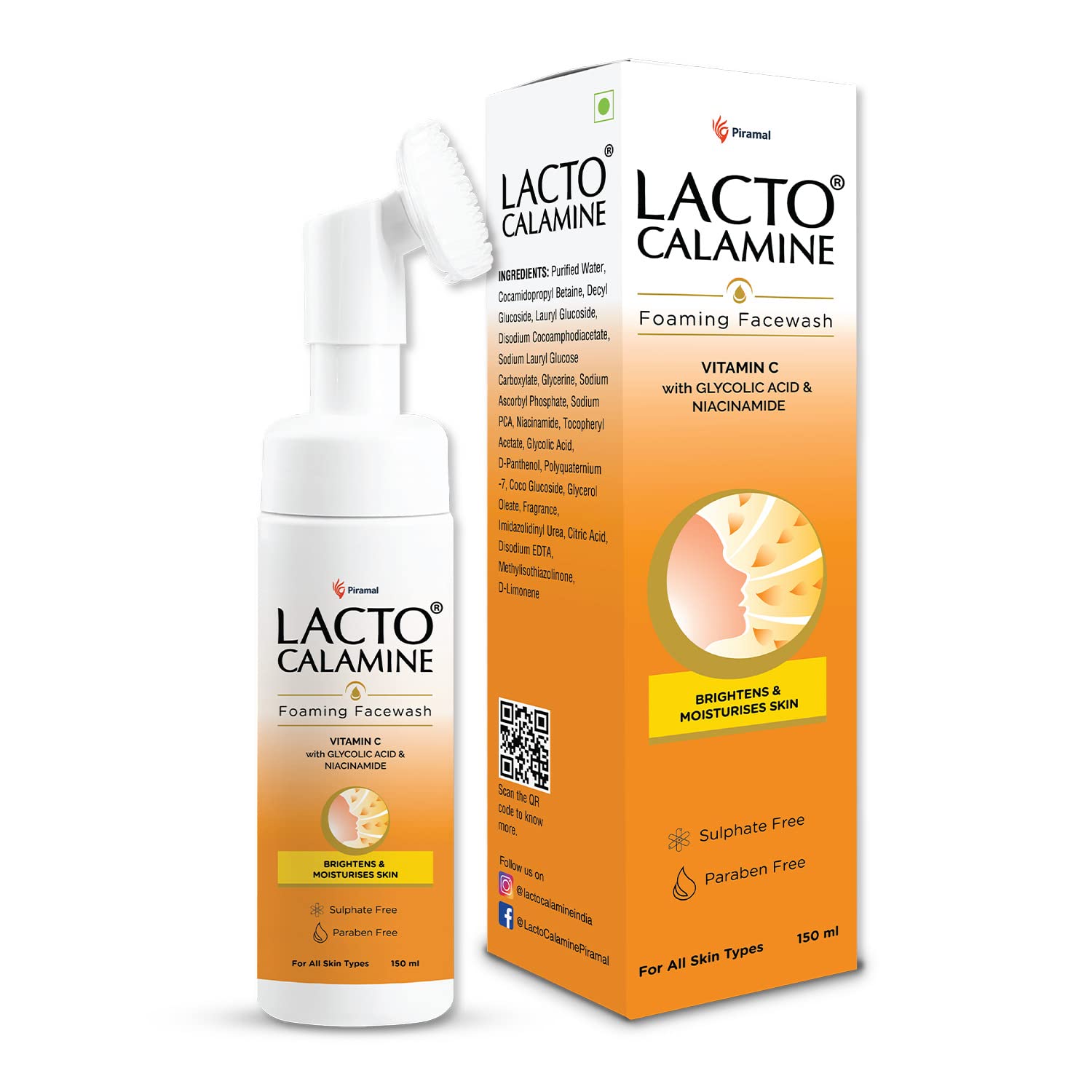 Lacto Calamine Vitamin C Foaming Face wash| Brightens skin & control blackheads & whiteheads| With Built-in foaming Brush|Sulphate free face wash| Paraben Free| 150 ml x Pack of 1