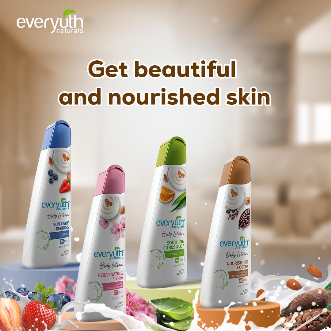 Everyuth Naturals Nourishing Cocoa Body lotion 200ml for men & women | 48Hr Hydration | Deep Moisture Care for Dry Skin | Enriched with 100% Natural Almond Milk | Smooth, Radiant & Healthy Looking Skin Care