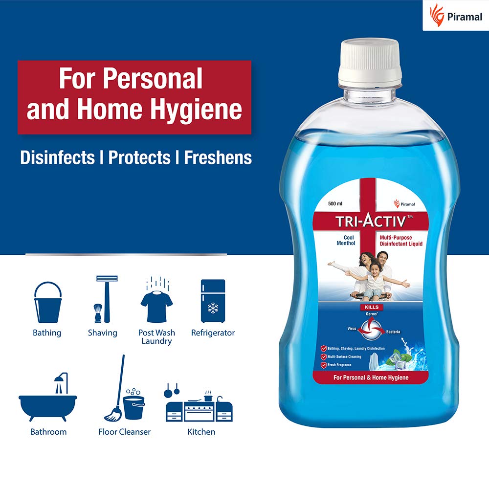 Tri-Activ Disinfectant Liquid for Multipurpose use for Personal Hygiene and Home Cleaning 500ml Cool Menthol, Blue, 2 count