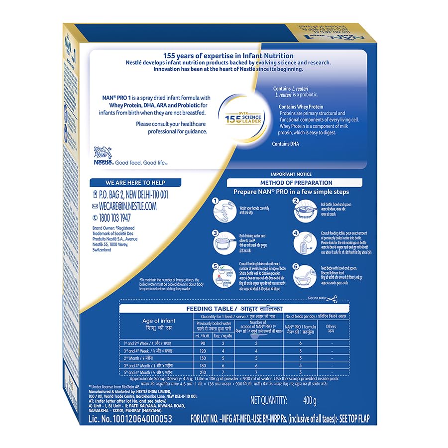 Nestlé NAN PRO 1 Infant Formula with Probiotic (Up to 6 months), Stage 1-400g Pouch in Box