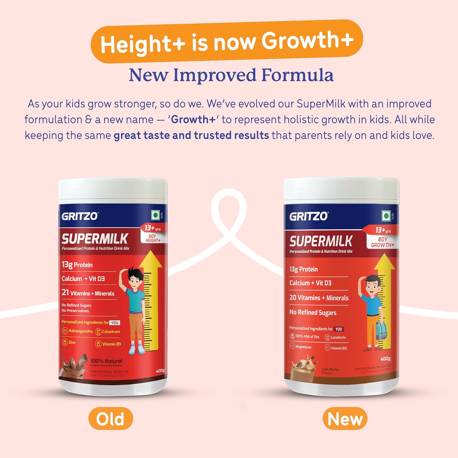 Gritzo SuperMilk Growth+ (Formerly Height+) (13+y Boys), 13g Protein Powder (Double Chocolate, 400g) | Zero Refined Sugar, 20 Vitamins & Minerals